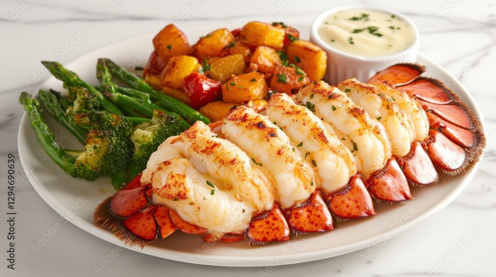 Delicious Lobster Tail with Roasted Vegetables and Garnishes Delicious Lobster Tail with Roasted Vegetables and Garnishes