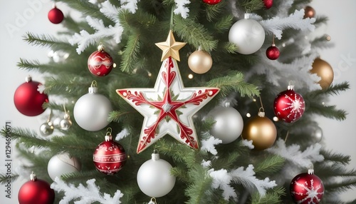 Un árbol de Navidad con una estrella dorada encima, decorado con adornos rojos y plateados y copos de nieve blancos, sobre un fondo blanco photo