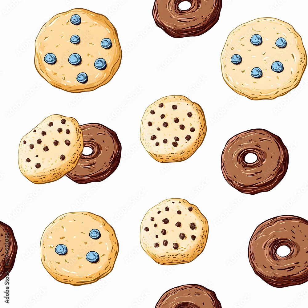 Delightful dessert pattern featuring cookies and donuts in a playful arrangement for sweet inspiration. Seamless pattern. Generative AI Delightful dessert pattern featuring cookies and donuts in a playful arrangement for sweet inspiration. Seamless pattern. Generative AI