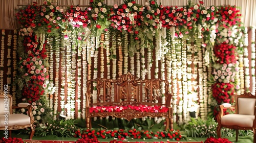 Indian wedding stage features flowers in shades of red, white, and green, creating a vibrant and festive atmosphere.