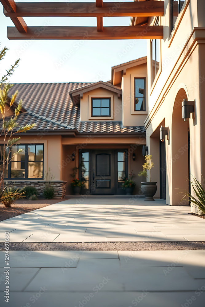 Fototapeta premium Luxury Home Exterior: Modern Architectural Design, Stunning Facade, and Landscaped Garden. Real Estate Photography