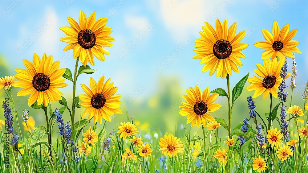 Fototapeta premium Floral Illustration, Nature Art, Watercolor Aesthetics, Golden hour sunflower field in dreamy watercolor summer hues , Dreamy watercolor painting of a golden hour sunflower field