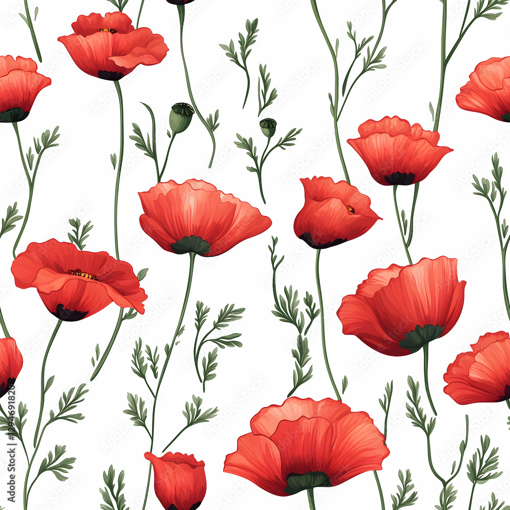 Obraz premium Vibrant floral design featuring red poppies and delicate green leaves in a seamless pattern. Seamless pattern. Generative AI