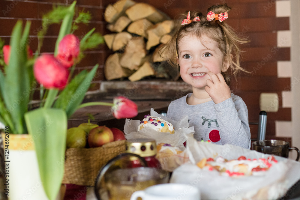 Joyful Easter celebration with child and festive treats Joyful Easter celebration with child and festive treats