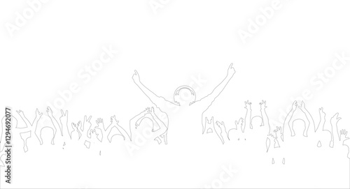 Cheerful crowd applauded the DJ, contour.  Dancing at the disco. Vector illustration