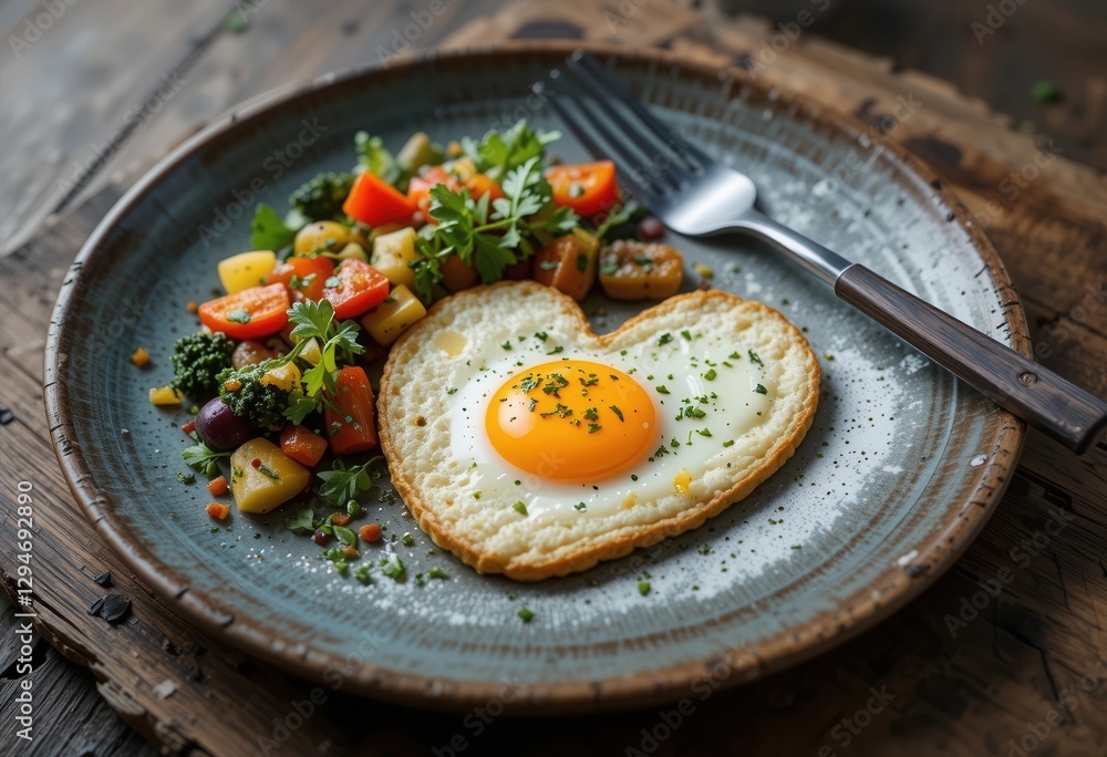 Heart-shaped egg served with colorful vegetable medley Heart-shaped egg served with colorful vegetable medley