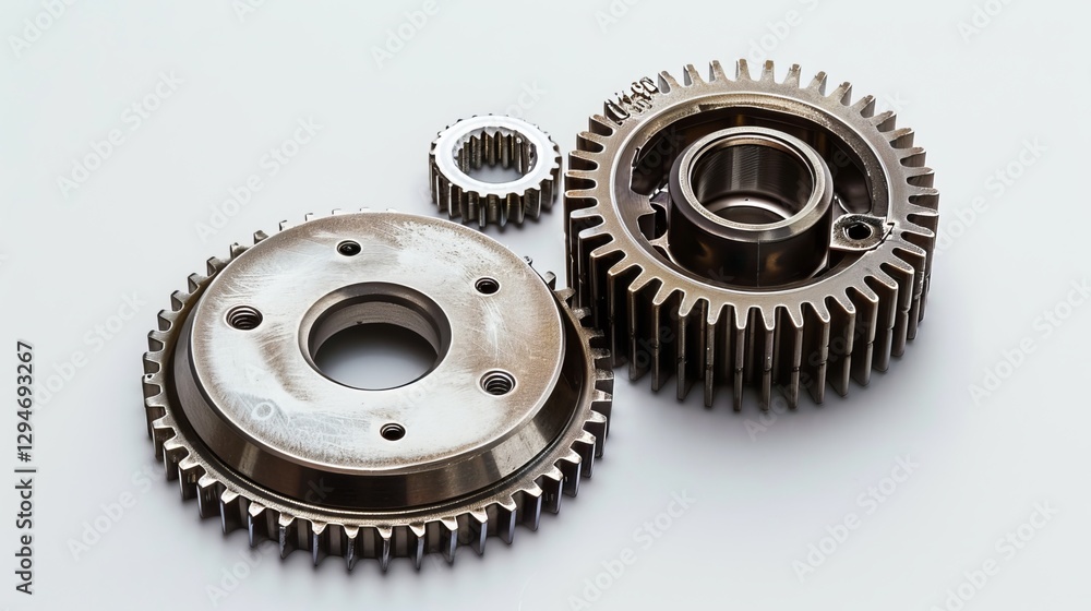 Spare metal car parts for auto motor mechanics are shown on a white background. These mechanical gears are a part of automotive technology and have space for text. Spare metal car parts for auto motor mechanics are shown on a white background. These mechanical gears are a part of automotive technology and have space for text.