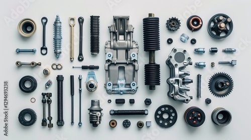 Spare car parts on a white background. Auto mechanics and automotive parts. Engine service with room for text.
