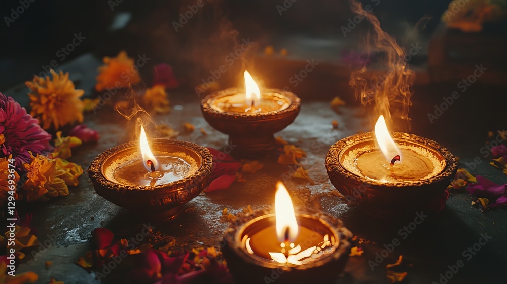 Golden Oil Lamps Burning Brightly Peaceful Atmosphere Spiritual Tranquility Warm Light Glowing Flames Festive Celebration Diwali Meditation Candles Golden Oil Lamps Burning Brightly Peaceful Atmosphere Spiritual Tranquility Warm Light Glowing Flames Festive Celebration Diwali Meditation Candles