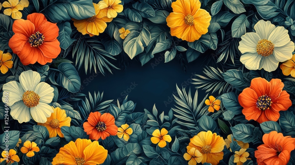 A vibrant illustration featuring an array of tropical flowers including yellow, orange, and white blooms surrounded by lush foliage. A vibrant illustration featuring an array of tropical flowers including yellow, orange, and white blooms surrounded by lush foliage.