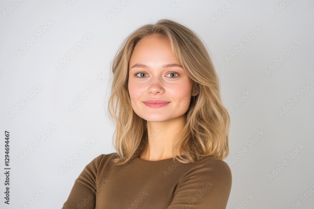 Smiling young woman in a brown top looking directly at the camera Smiling young woman in a brown top looking directly at the camera