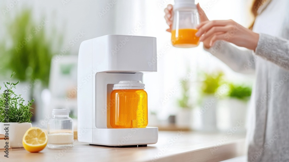 Modern kitchen setup with person preparing fresh juice in pitcher Modern kitchen setup with person preparing fresh juice in pitcher