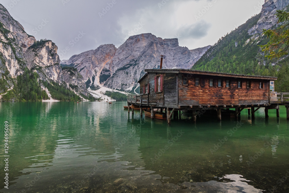 Lago di Braies Pragser Wildsee with wooden fisherhut lake mountain lake Lago di Braies Pragser Wildsee with wooden fisherhut lake mountain lake