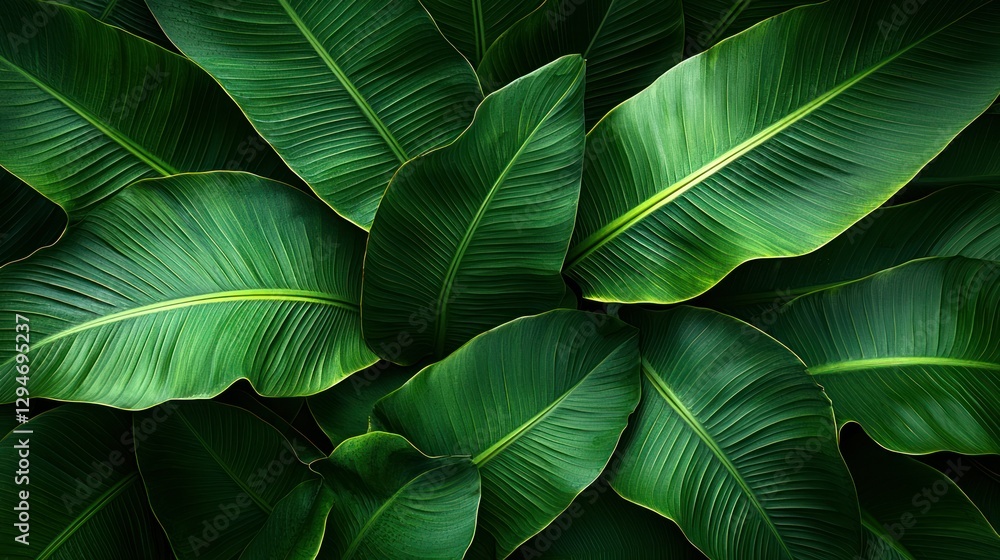 Obraz premium Lush tropical banana leaves background texture, overhead shot
