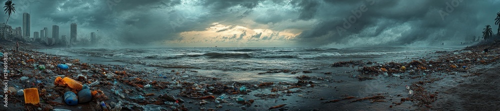 Obraz premium Coastal Trash: Urban Waste and Ocean Pollution on Shore. Generative AI
