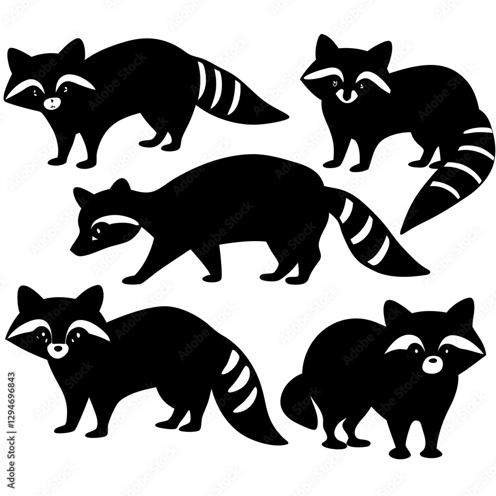 Fototapeta premium Playful Raccoons in Black and White Silhouette Clipart Vector Collection set 