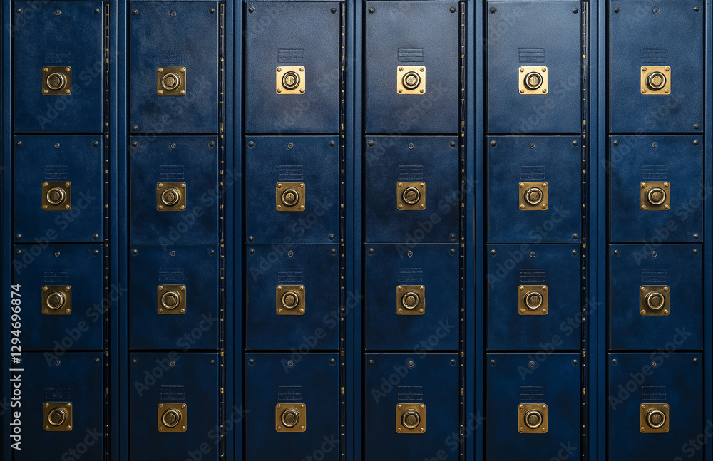 Fototapeta premium Blue high school lockers with gold locks, wide-angle
