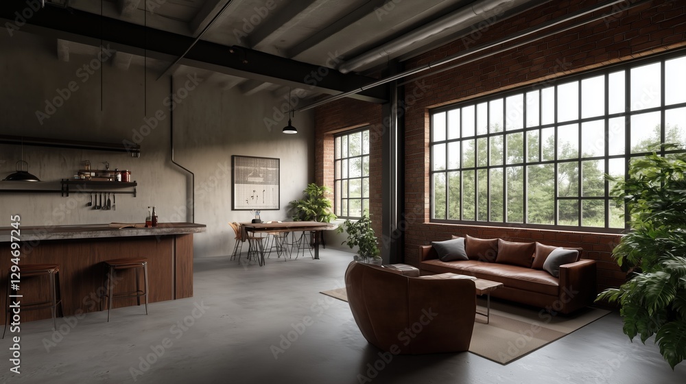 Naklejka premium Industrial Chic Living: A modern interior showcases a spacious living area with exposed brick walls, large windows framing a verdant outdoor view.