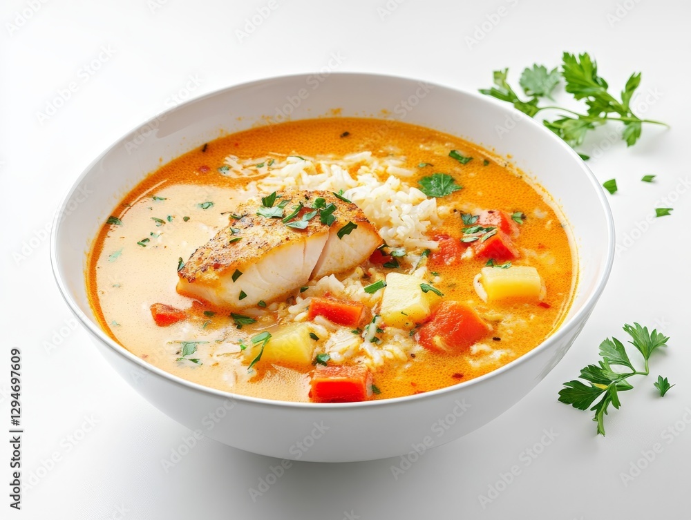 Close-up of fish soup with rice, carrots, potatoes and fresh herbs. Fish soup in a bowl with crispy croutons. Close-up of fish soup with rice, carrots, potatoes and fresh herbs. Fish soup in a bowl with crispy croutons.