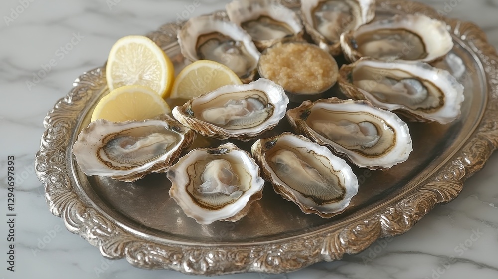 Fresh Oysters on Silver Platter with Lemon and Sauce Fresh Oysters on Silver Platter with Lemon and Sauce