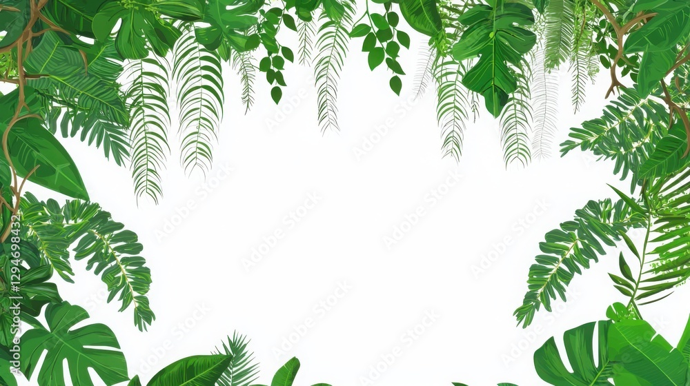 An illustration featuring a vibrant arrangement of tropical foliage including various green leaves creating a lush border. An illustration featuring a vibrant arrangement of tropical foliage including various green leaves creating a lush border.