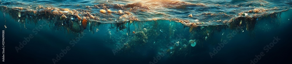 Fototapeta premium Underwater Scene of Ocean Pollution with Floating Plastic Waste. Generative AI