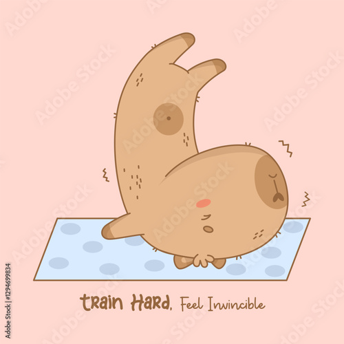 Capybara stretching on yoga mat. Funny kawaii animal sportsman with paws raised upstairs. Cool card with motivational quote. Vector illustration. Kids collection