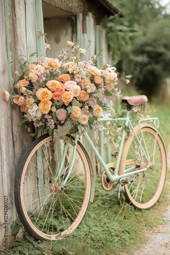 Vintage mint green bicycle with a large floral arrangement in the basket, creating a charming and romantic countryside scene photo