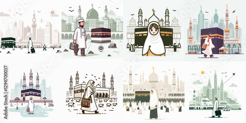 vector illustration of people making the pilgrimage to Mecca
