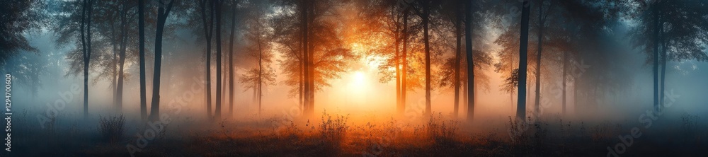 Misty forest with glowing warm light in the background during sunset or sunrise. Generative AI Misty forest with glowing warm light in the background during sunset or sunrise. Generative AI