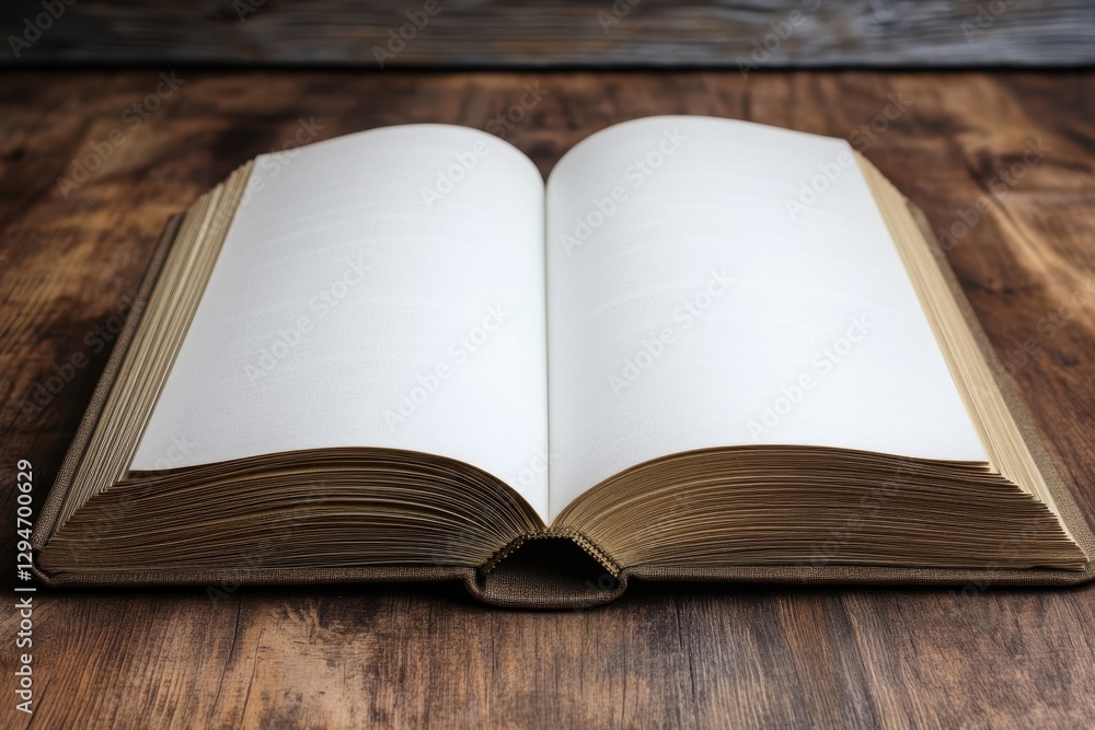 Open book resting on a wooden table waiting to be filled with stories and ideas Open book resting on a wooden table waiting to be filled with stories and ideas