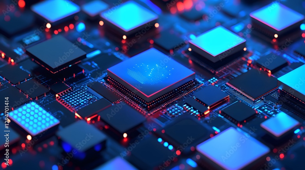 Obraz premium Close-up view of a vibrant circuit board with glowing microchips and intricate designs