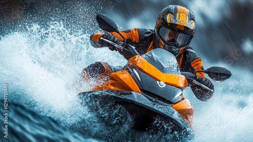 Person Riding Jet Ski Through Splashing Water in Action-Packed Scene. Generative AI photo