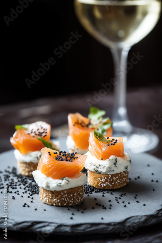 Elegant smoked salmon canapes with cream cheese and caviar on slate plate