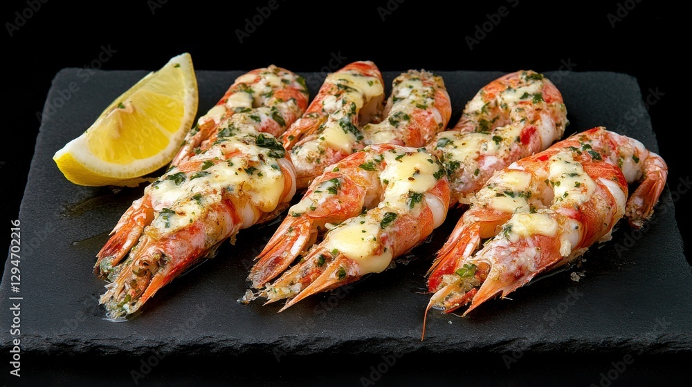 Garlic Prawns with Lemon Wedge on Slate Plate Garlic Prawns with Lemon Wedge on Slate Plate