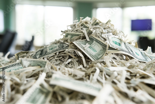 A pile of shredded paper mixed with intact dollar bills in an office, symbolizing financial turmoil and mismanagement. photo