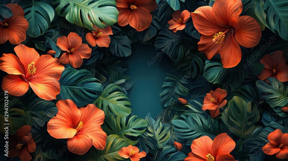 This image features vibrant orange hibiscus flowers surrounded by lush green leaves, creating a tropical and captivating atmosphere. This image features vibrant orange hibiscus flowers surrounded by lush green leaves, creating a tropical and captivating atmosphere.