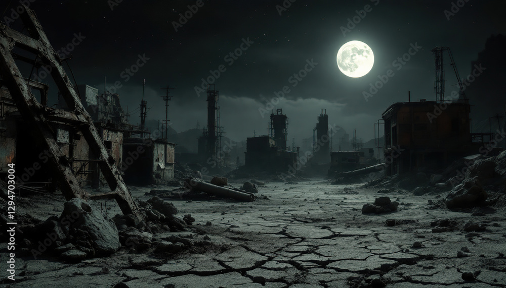 Post Apocalyptic Night Scene Ruined Cityscape Dark Moon Post Apocalyptic Night Scene Ruined Cityscape Dark Moon