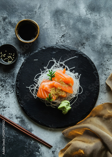 Fresh salmon sashimi on slate with wasabi soy sauce and chopsticks