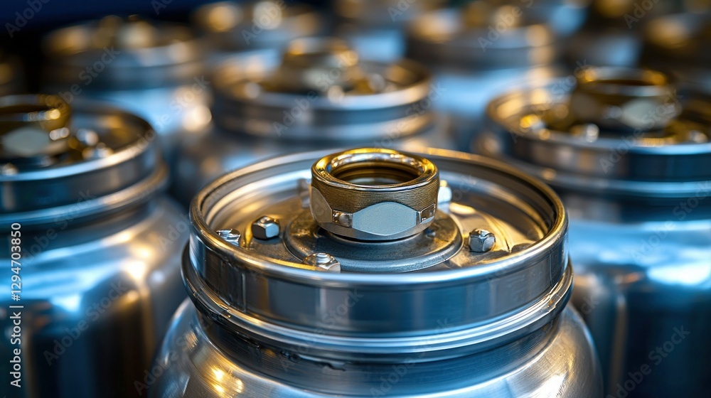 Metal cylinders factory storage, close-up view Metal cylinders factory storage, close-up view