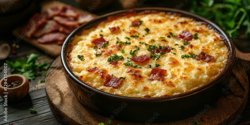 Delicious cheesy baked dish topped with crispy bits, served warm on a rustic wooden table with herbs and meats nearby Delicious cheesy baked dish topped with crispy bits, served warm on a rustic wooden table with herbs and meats nearby