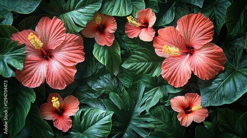 Wallpaper Mural This image features vibrant pink hibiscus flowers surrounded by lush green leaves, creating a tropical paradise feel. A perfect floral composition. Torontodigital.ca