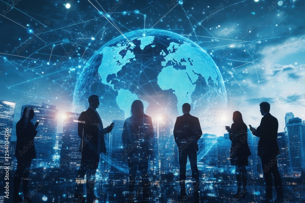 Obraz premium A double exposure of business people standing in front of an Earth globe with network connections across the world, in a blue and white color palette, with a city background Generative AI