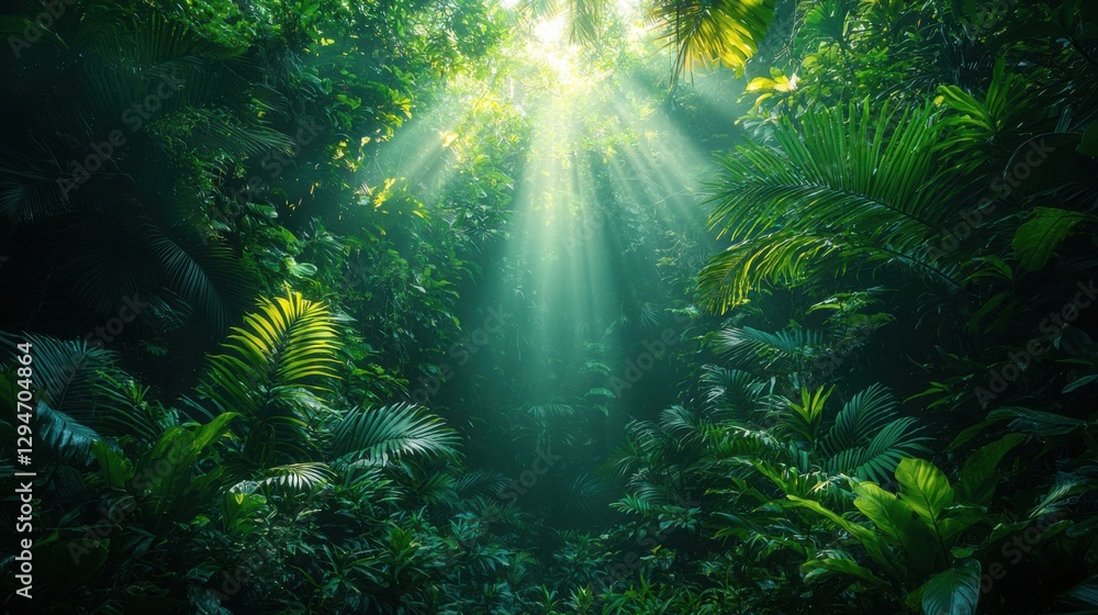 A vibrant jungle scene featuring lush green foliage bathed in dappled sunlight, creating a serene and magical atmosphere in the heart of nature. A vibrant jungle scene featuring lush green foliage bathed in dappled sunlight, creating a serene and magical atmosphere in the heart of nature.