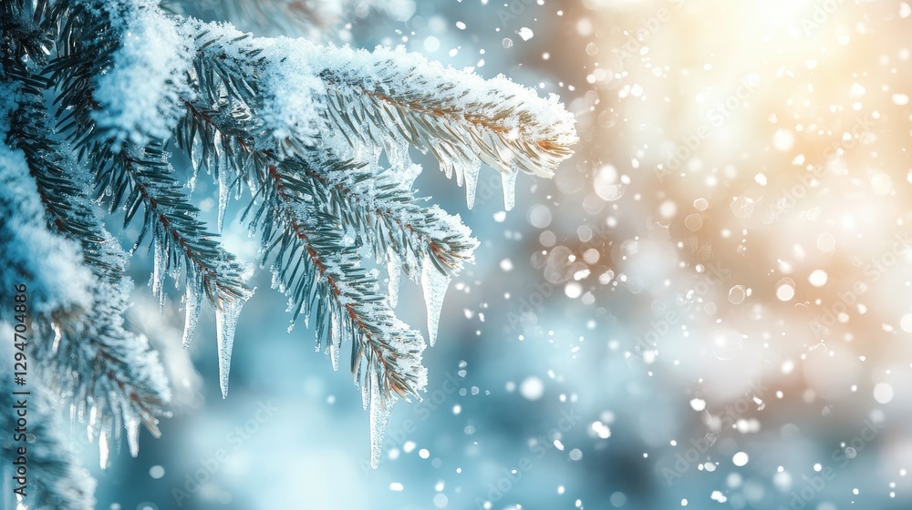 Close-up of a snow-covered evergreen branch with icicles, creating a serene winter scene with soft bokeh in the background. Close-up of a snow-covered evergreen branch with icicles, creating a serene winter scene with soft bokeh in the background.