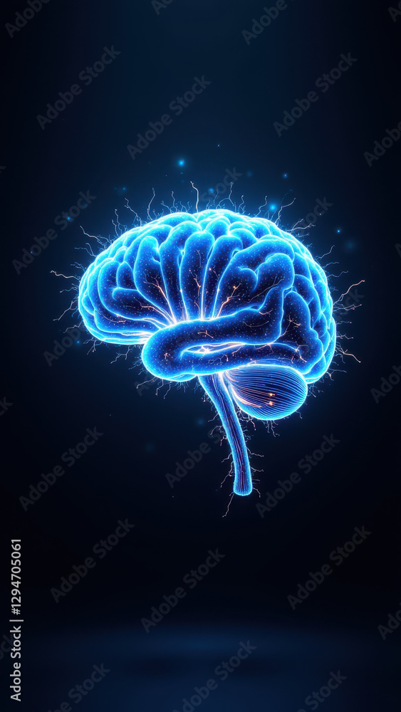 Obraz premium Computer-generated 3D rendering of human brain with artificial intelligence theme; glowing blue neurons sparking on top.
