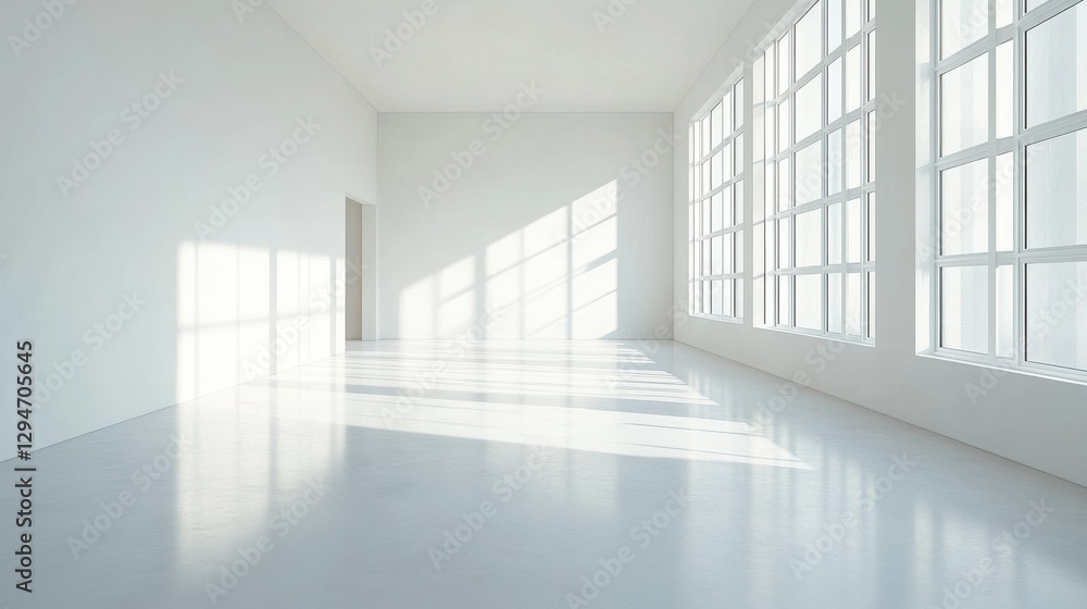 Bright and airy modern interior with large windows casting soft shadows. Bright and airy modern interior with large windows casting soft shadows.