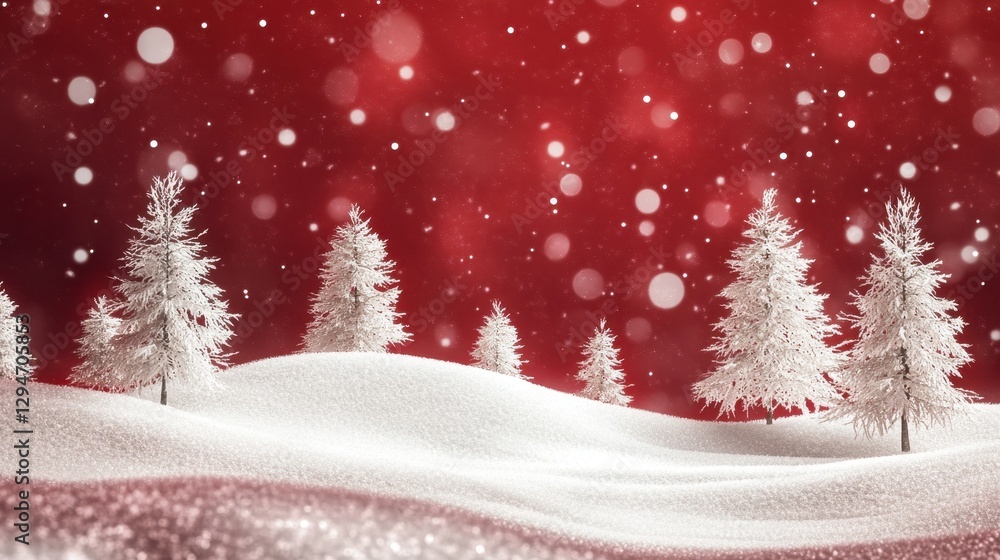 A serene winter wonderland scene featuring snow-covered hills and frosted evergreen trees against a vibrant red background. A serene winter wonderland scene featuring snow-covered hills and frosted evergreen trees against a vibrant red background.