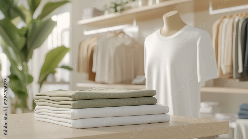 Minimalist clothing store interior with neatly folded t-shirts on display table Minimalist clothing store interior with neatly folded t-shirts on display table