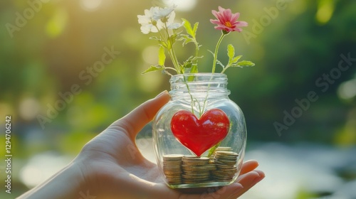 A hand holding a jar with a heart-shaped flower growing from euro coins, symbolizing social responsibility, charity, and the power of business donations for fundraising and relief efforts.